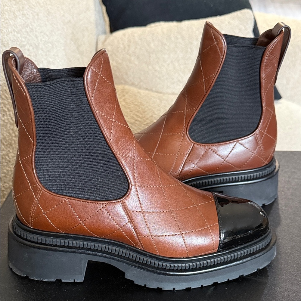 CHANEL Brown Quilted Leather Boots with Black Toe